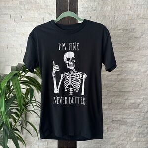 Black Graphic Skeleton Thumbs Up “I’m Fine Never Better” Sarcastic Tee Size M
